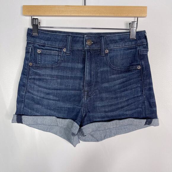 American Eagle 2 Next Level Stretch Super Hi Rise Shortie Denim Rolled Cuff Hem - Picture 1 of 9